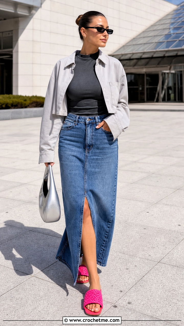 Crochet Slide Sandals With A Denim Maxi Skirt - 25 women crochet shoes outfit ideas