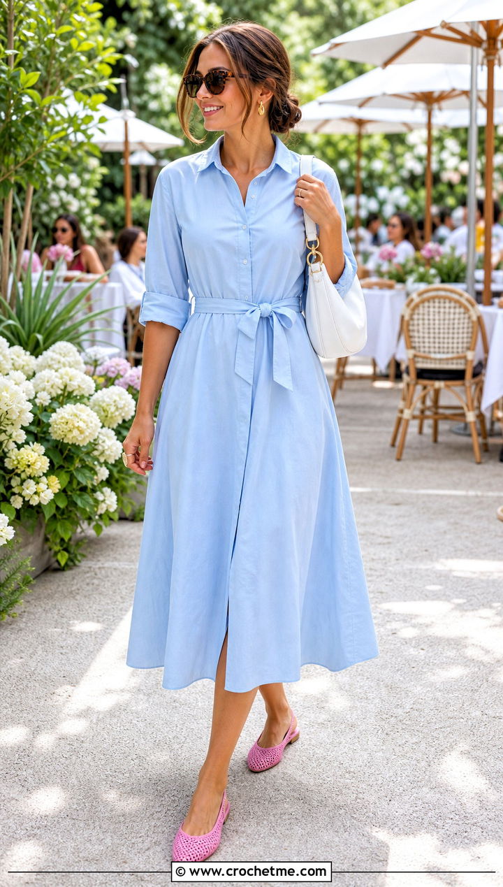 Crochet Slingback Flats With A Shirt Dress - 15 Crochet Shoes For Adults outfit ideas