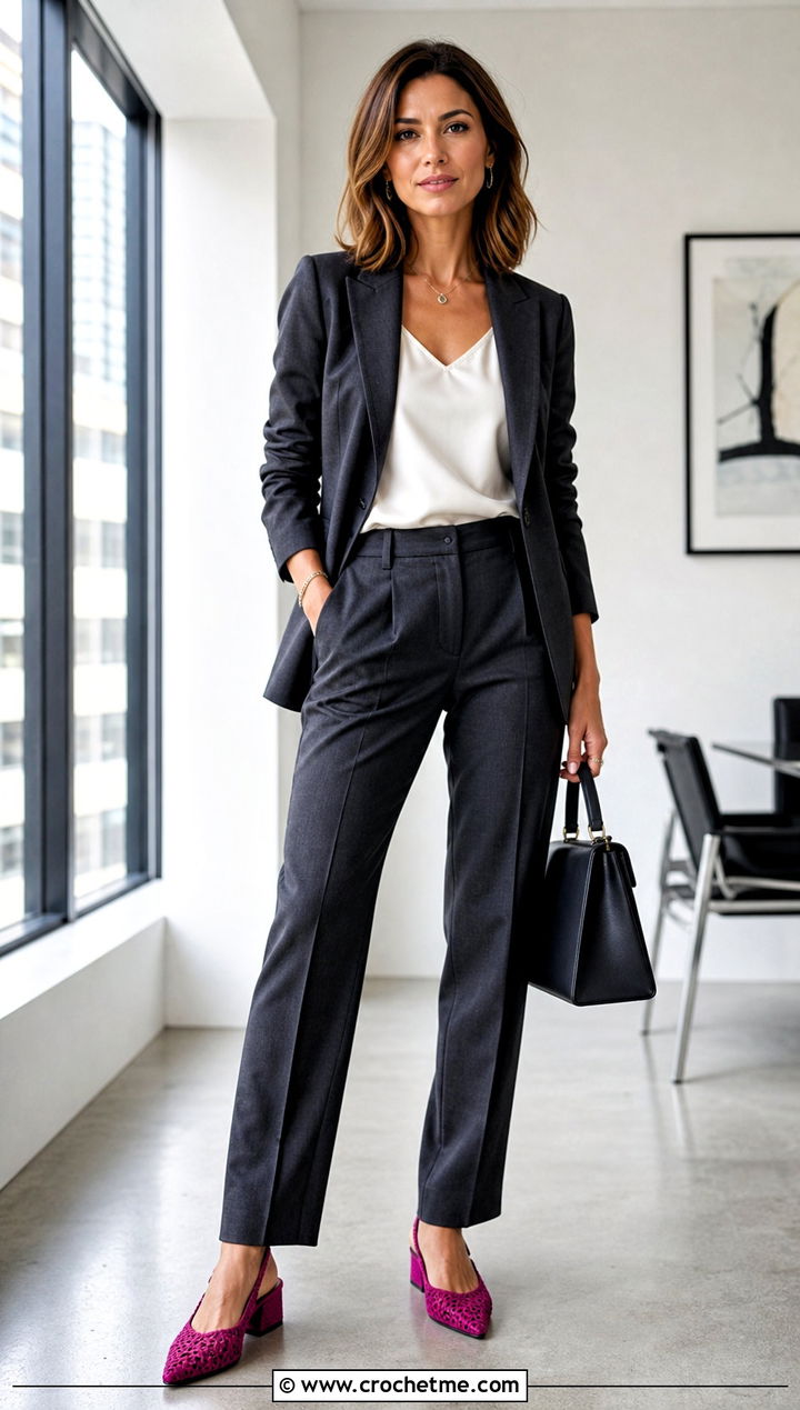 Crochet Slingback Pumps With Trouser Suit - 20 crocheted shoes women outfit ideas