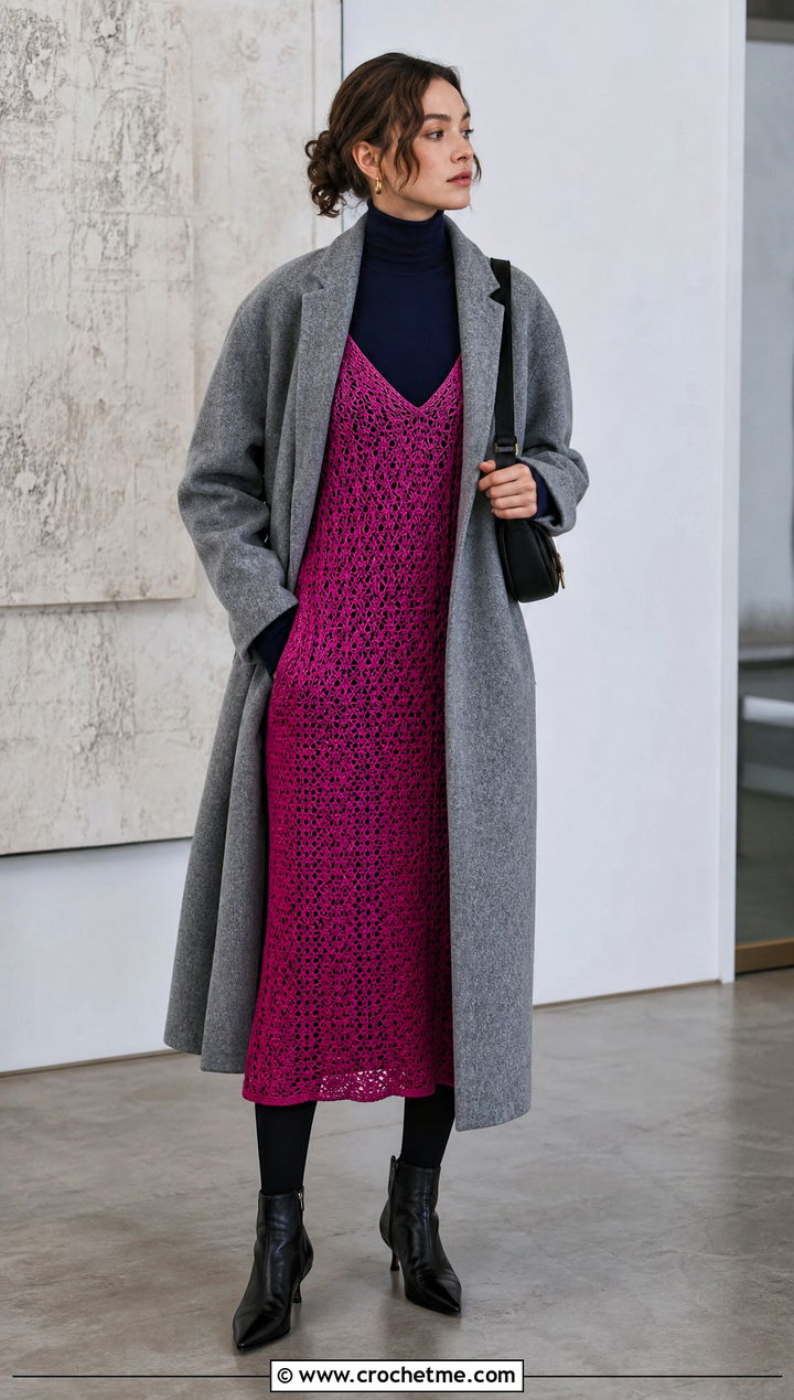 Crochet Slip Dress Over Turtleneck - 30 crochet dress for winter outfit ideas