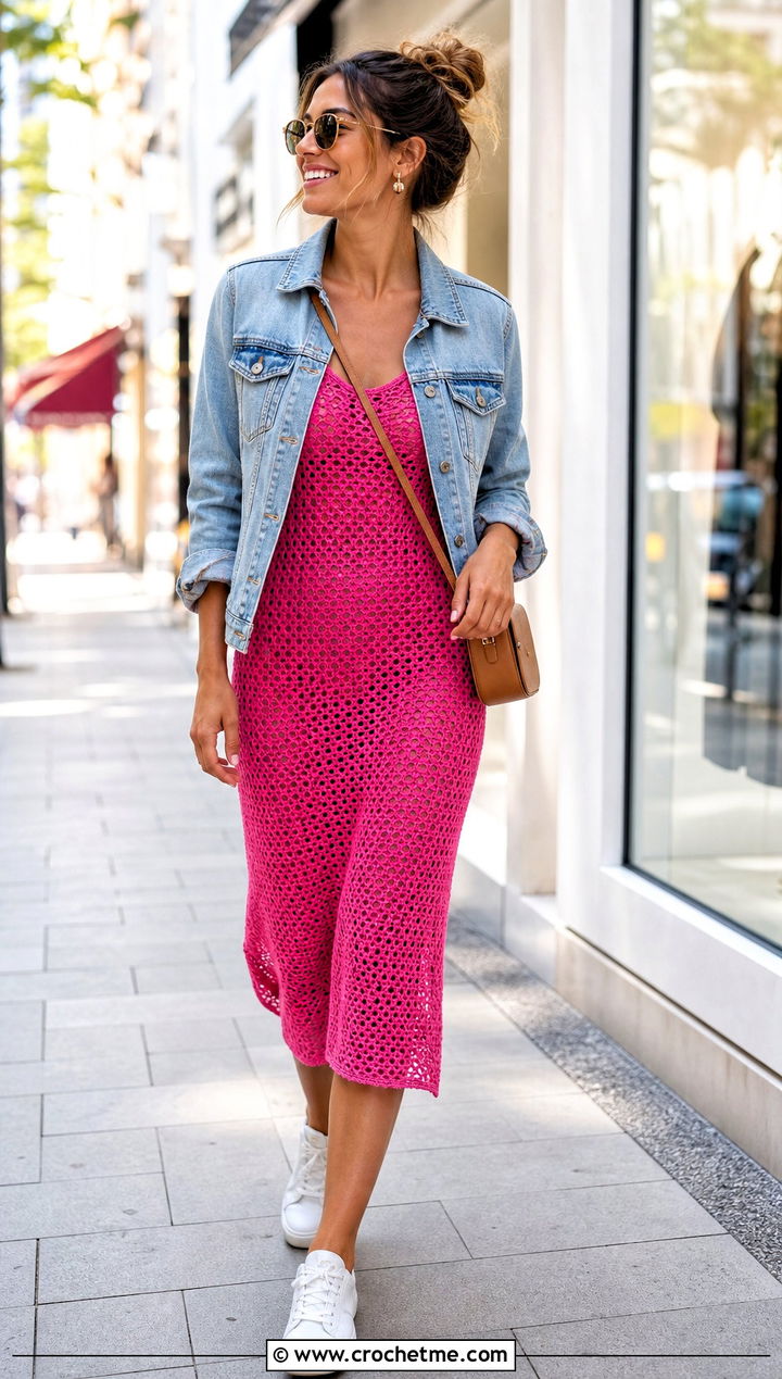 Crochet Slip Dress With Denim Jacket - 25 Cute Things To Crochet Clothes and outfit ideas