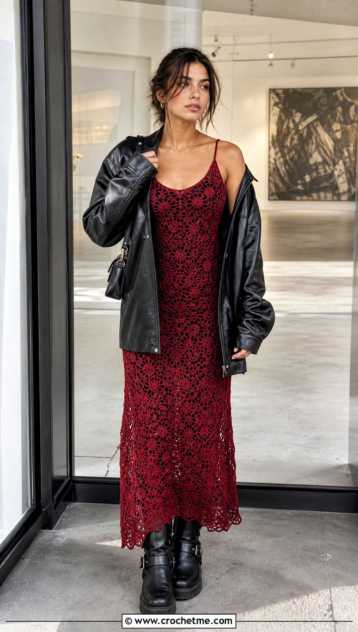 Crochet Slip Dress With Leather Jacket - 35 Crochet Grunge Clothes and outfit ideas