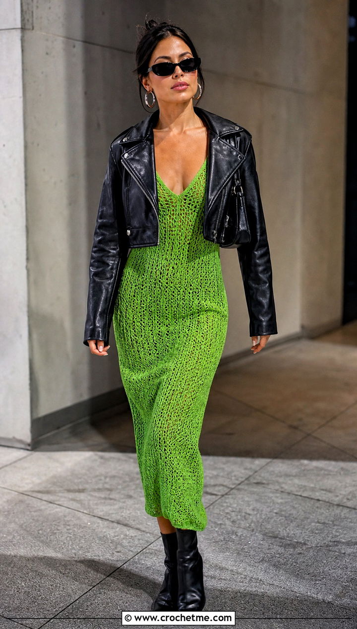Crochet Slip Dress With Leather Moto Jacket - 15 dress crochet dress outfit ideas