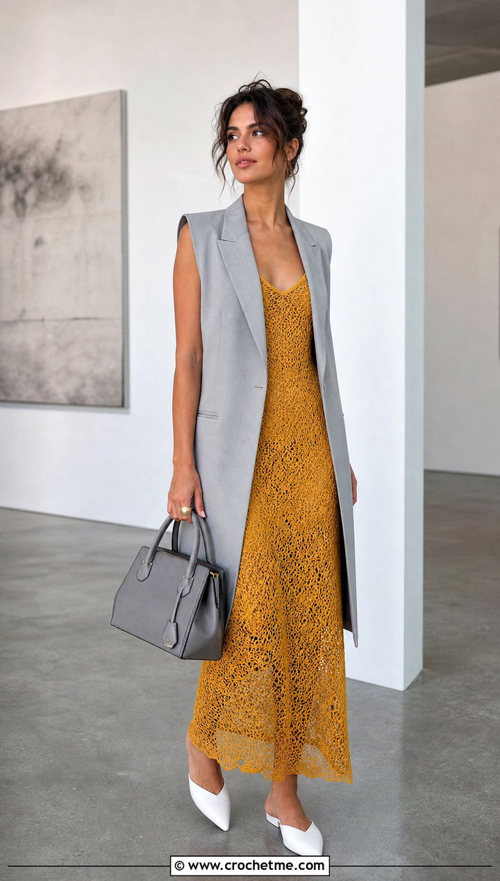 Crochet Slip Dress With Longline Vest - 20 elegant crochet dress outfit ideas