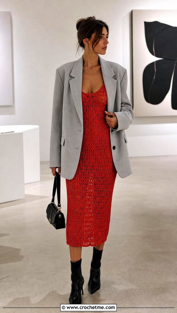 Crochet Slip Dress With Oversized Blazer - 30 crochet clothing for beginners outfit ideas