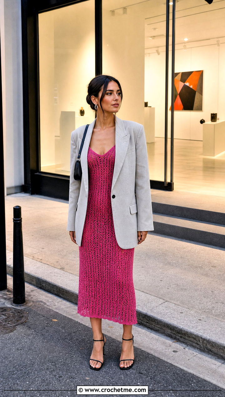 Crochet Slip Dress With Oversized Blazer - 30 crochet summer clothing and outfit ideas