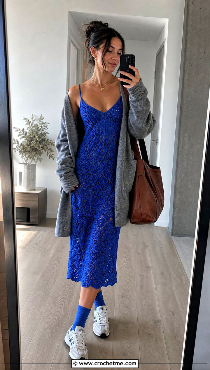Crochet Slip Dress With Oversized Cardigan - 35 vintage crochet dress outfit ideas