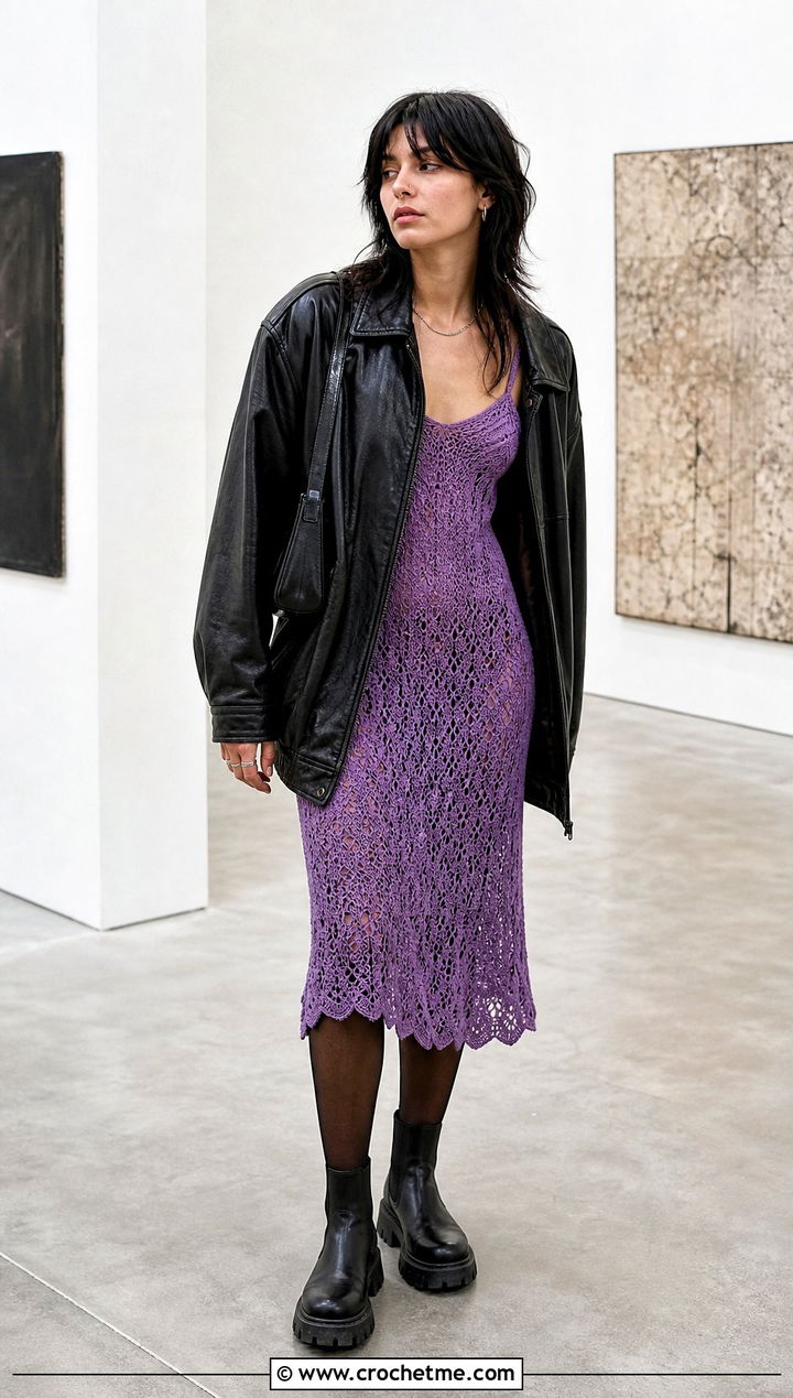 Crochet Slip Dress With Oversized Leather Jacket - 25 grunge crochet clothes and outfit ideas