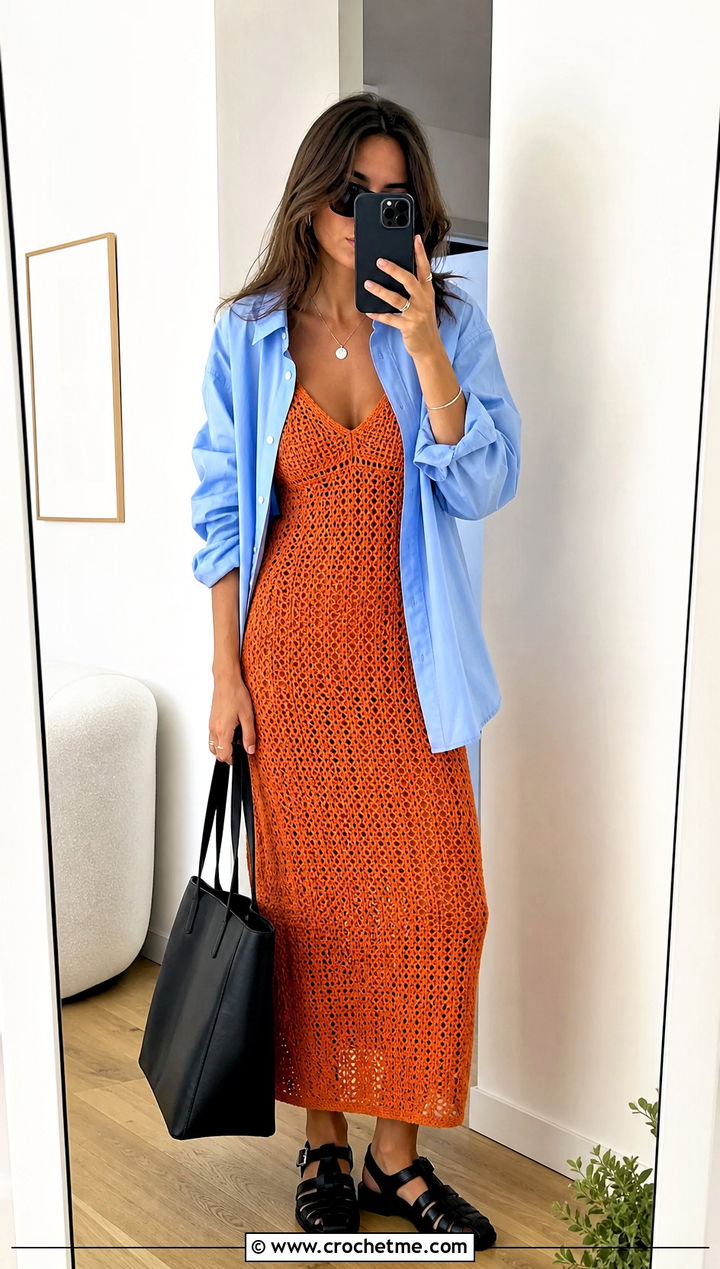 Crochet Slip Dress With Oversized Shirt - 35 Crocheting Dress outfit ideas