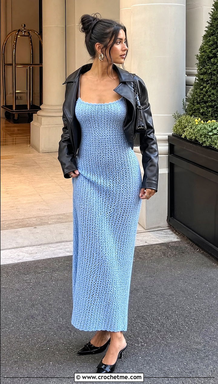 Crochet Slip Prom Dress With Leather Jacket - 25 Crochet Prom Dress outfit ideas