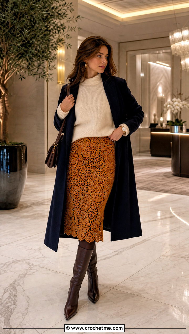 Crochet Slip Skirt With Cashmere Sweater - 35 crochet winter skirt outfit ideas