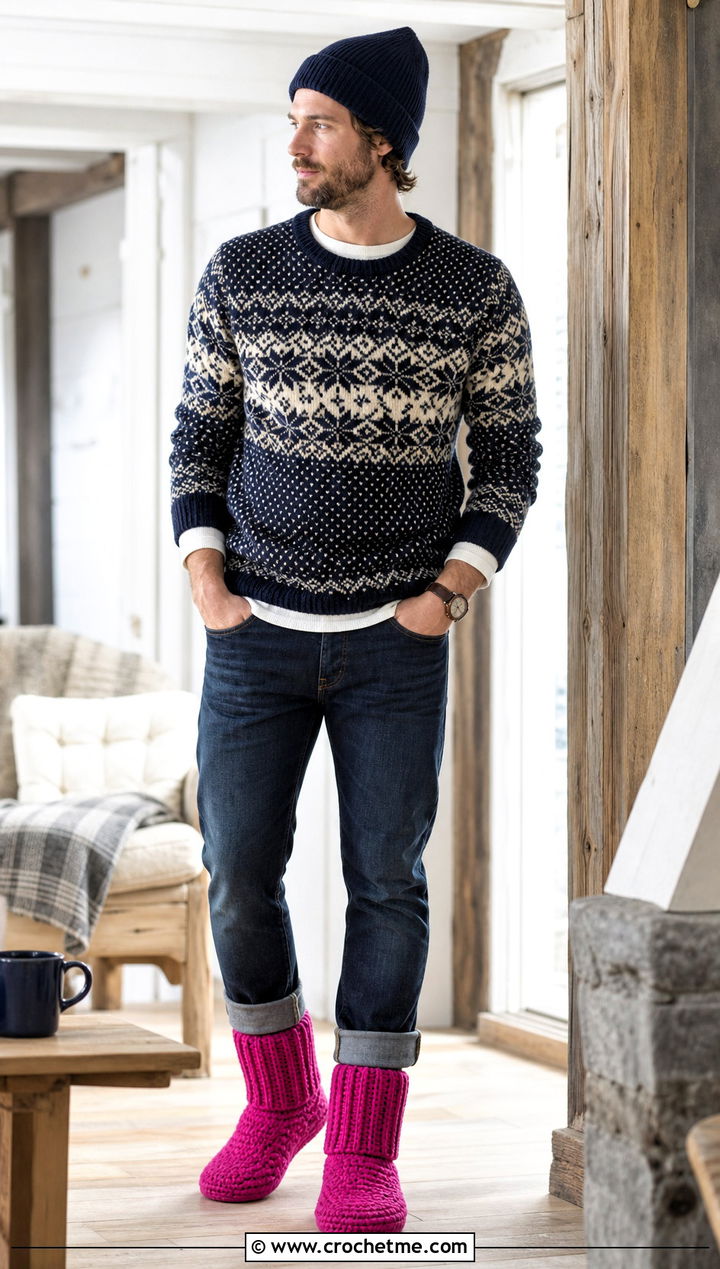 Crochet Slipper Boots With Fair Isle Sweater and Jeans - 35 mens crochet slippers outfit ideas