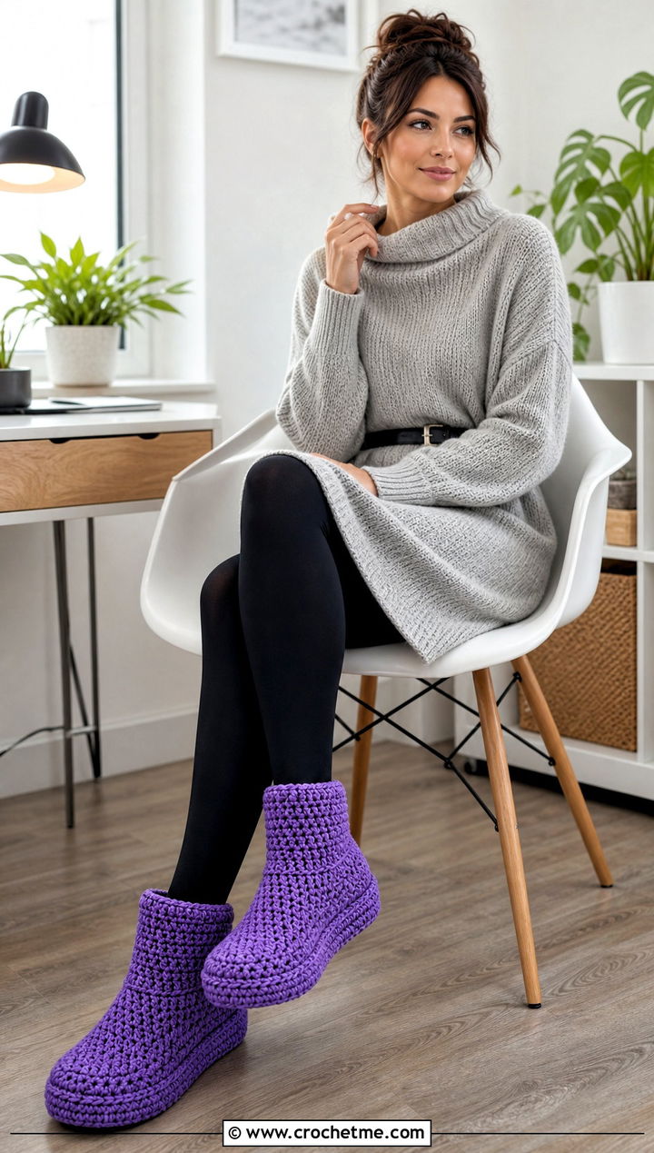 Crochet Slipper Boots With Sweater Dress And Leggings - 15 Crocheted Slipper Socks outfit ideas