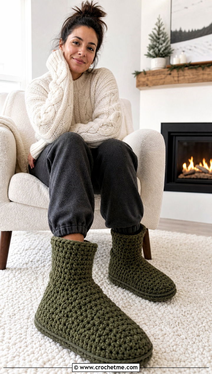 Crochet Slipper Boots With a Sweater and Joggers - 25 crochet house shoes outfit ideas