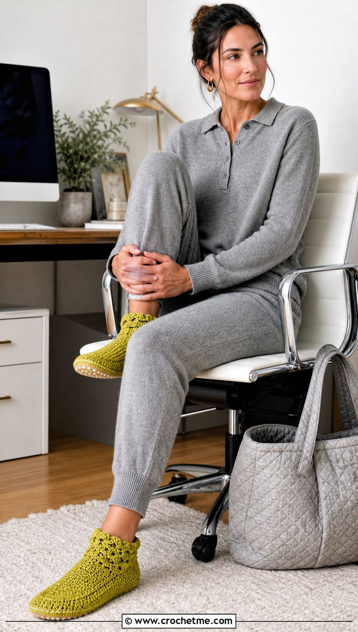 Crochet Slipper Socks With A Knit Lounge Set - 15 cottage crochet slippers outfit ideas