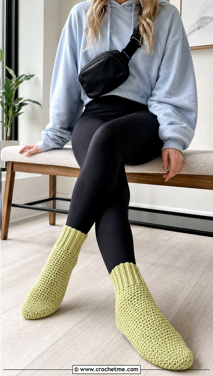 Crochet Slipper Socks With Leggings And Hoodie - 25 Quick Crochet Slippers outfit ideas