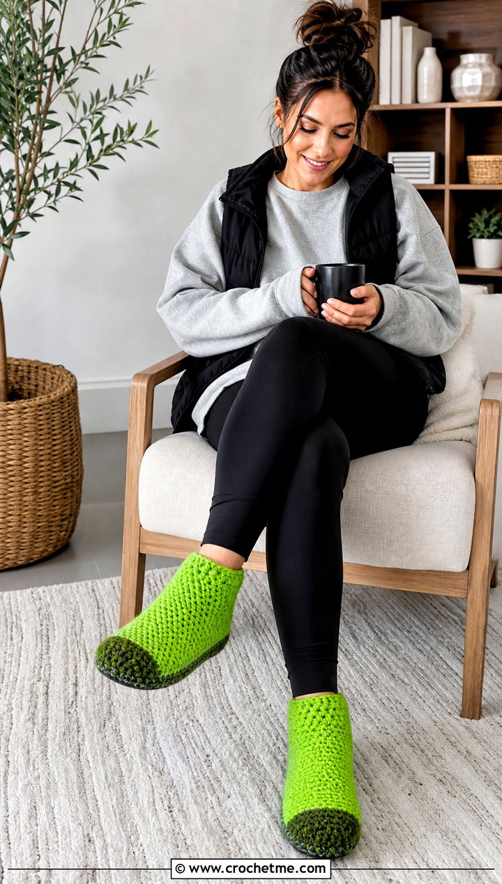Crochet Slipper Socks With Leggings and a Sweatshirt - 25 crochet house shoes outfit ideas
