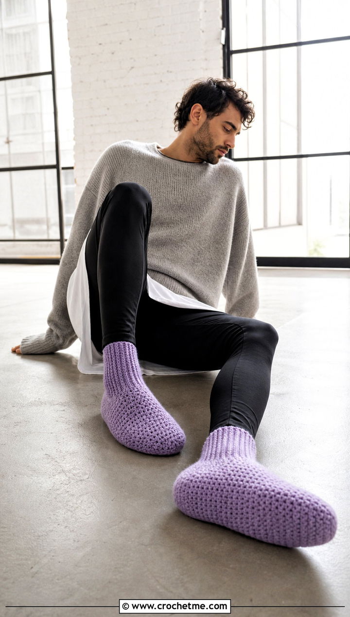 Crochet Slipper Socks With Oversized Sweater And Leggings - 30 easy mens crochet slippers outfit ideas