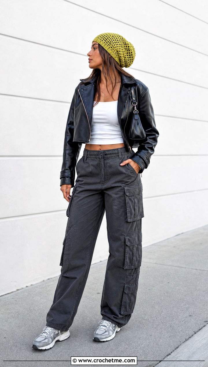 Crochet Slouch Beanie With Leather Jacket And Cargo Pants - 35 quick crochet hat outfit ideas