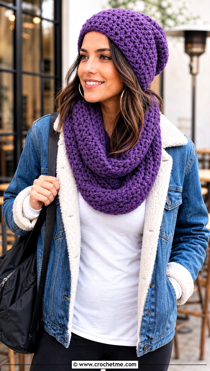 Crochet Slouchy Beanie And Infinity Scarf With Denim Jacket - 15 Easy Crochet Hat And Scarf Set outfit ideas
