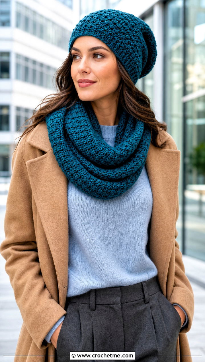 Crochet Slouchy Beanie And Infinity Scarf With Tailored Trousers - 25 crochet scarf hat combo outfit ideas