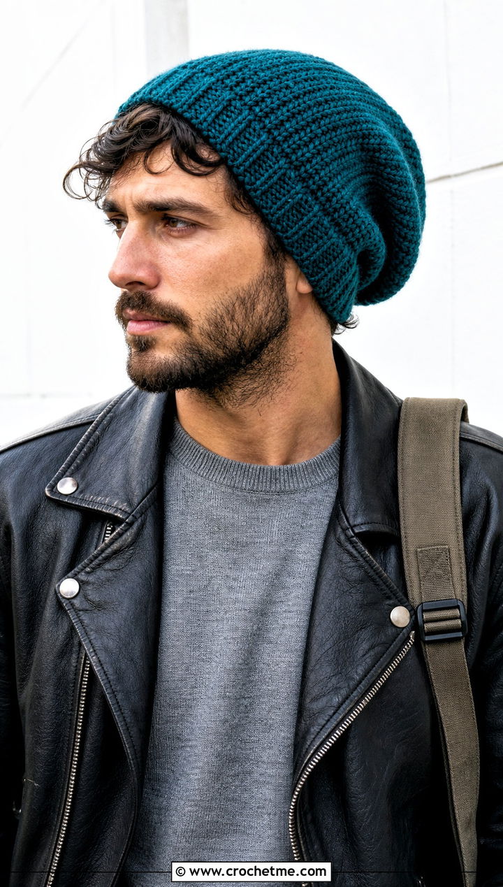 Crochet Slouchy Beanie With Leather Jacket - 15 Unique Crochet Men Hat outfit ideas
