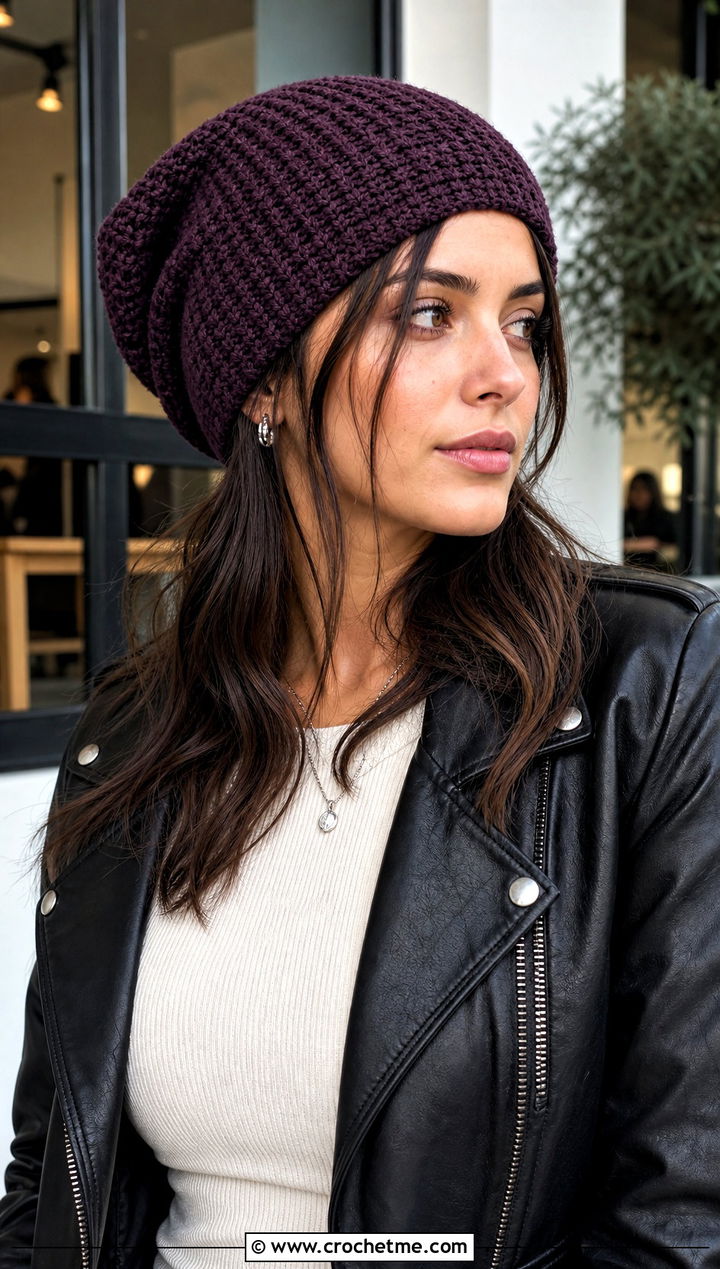 Crochet Slouchy Beanie With Leather Jacket and Straight Jeans - 15 Crocheted Womens Hats outfit ideas