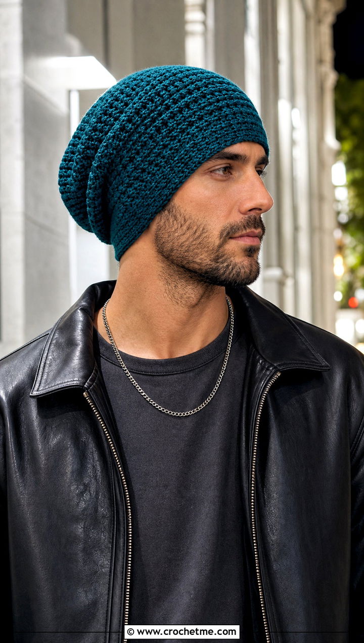 Crochet Slouchy Beanie With Leather Jacket - 15 Crochet Mens Hats outfit ideas