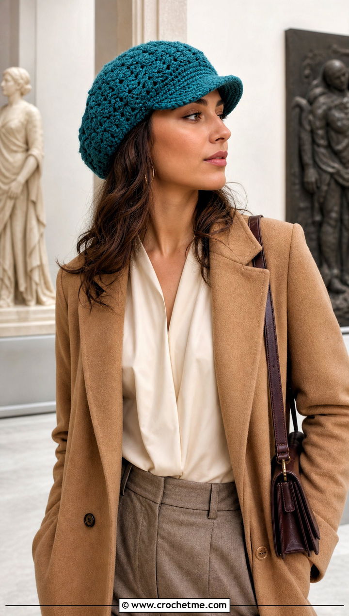 Crochet Slouchy Newsboy Beanie With Wide Leg Trousers - 20 Crochet Beanie With Brim outfit ideas