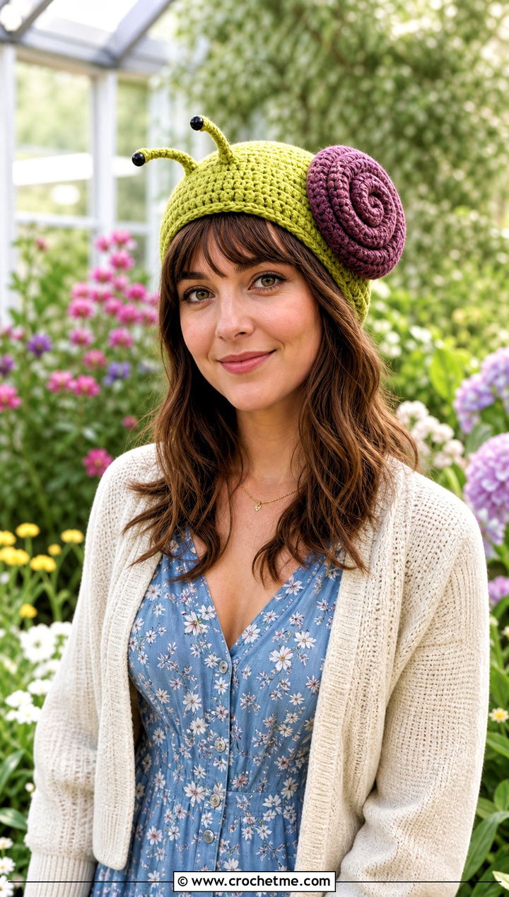 Crochet Snail Hat With Floral Midi Dress And Cardigan - 25 Crochet Silly Hats outfit ideas