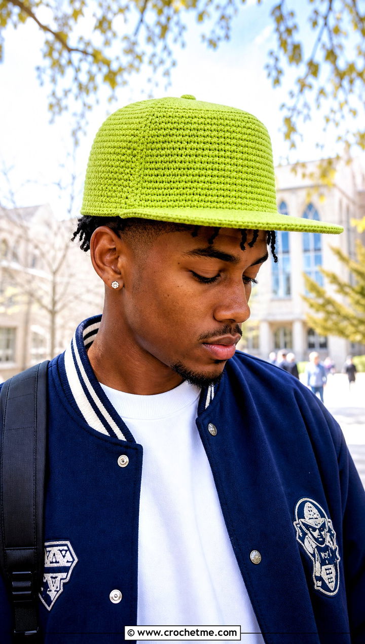 Crochet Snapback Cap With Varsity Jacket And Straight Jeans - 30 men's crochet hats outfit ideas