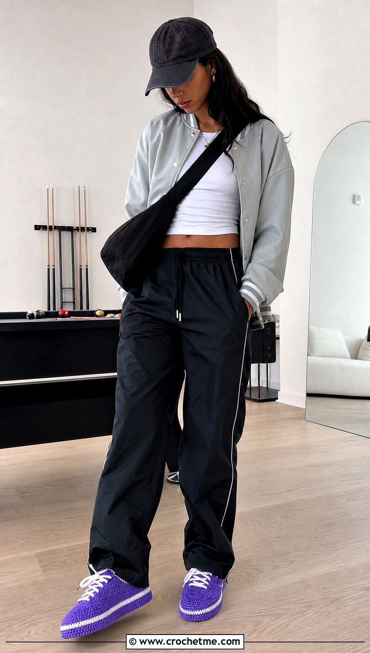 Crochet Sneaker Slippers With A Sporty Outfit - 35 easy crochet slippers outfit ideas