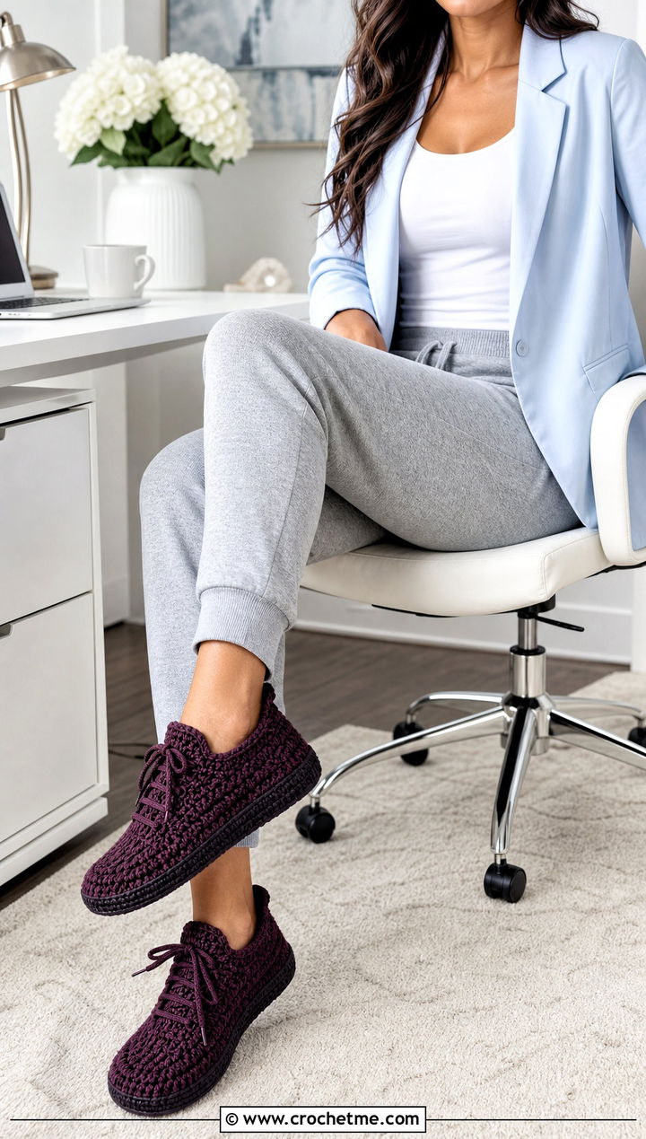 Crochet Sneaker Slippers With Joggers And Blazer - 25 Quick Crochet Slippers outfit ideas
