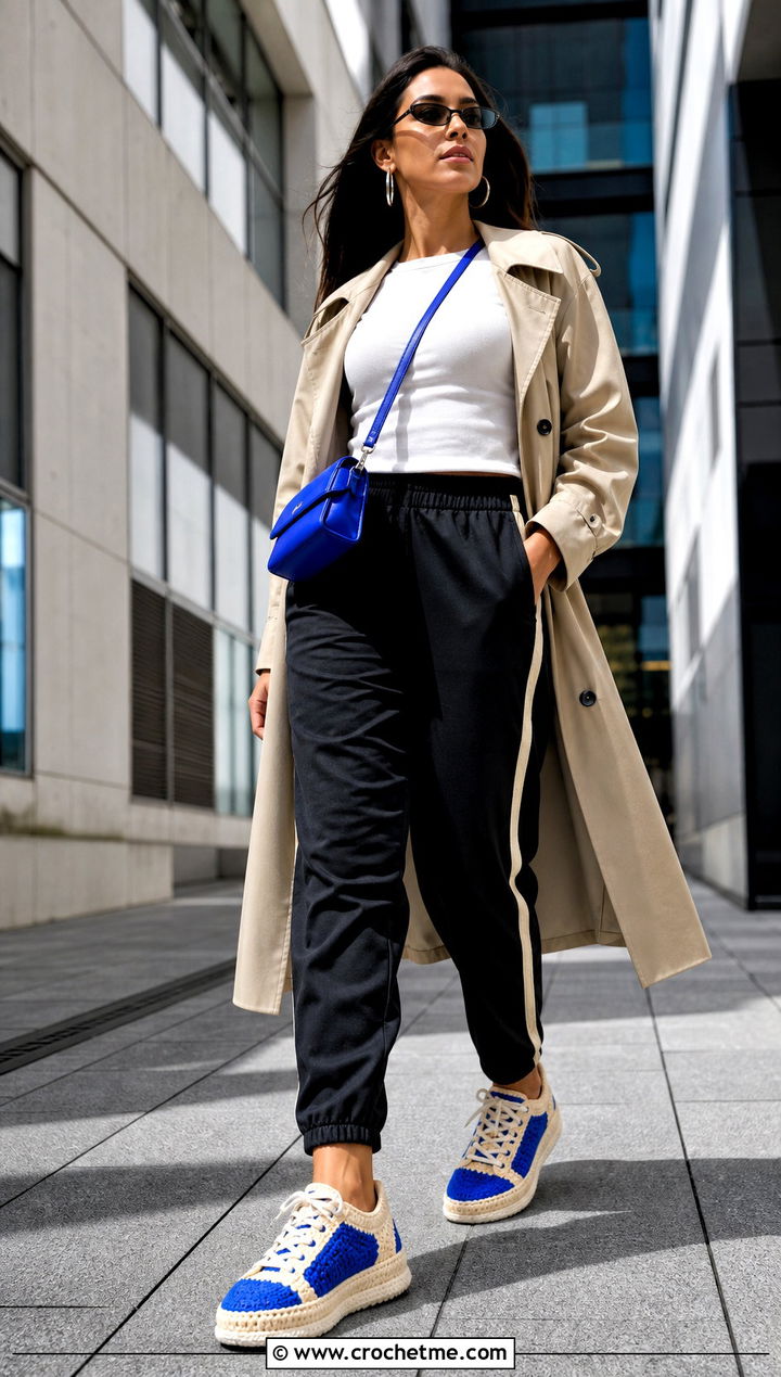 Crochet Sneakers With Track Pants And Trench Coat - 15 Blue And Beige Crochet Shoes outfit ideas