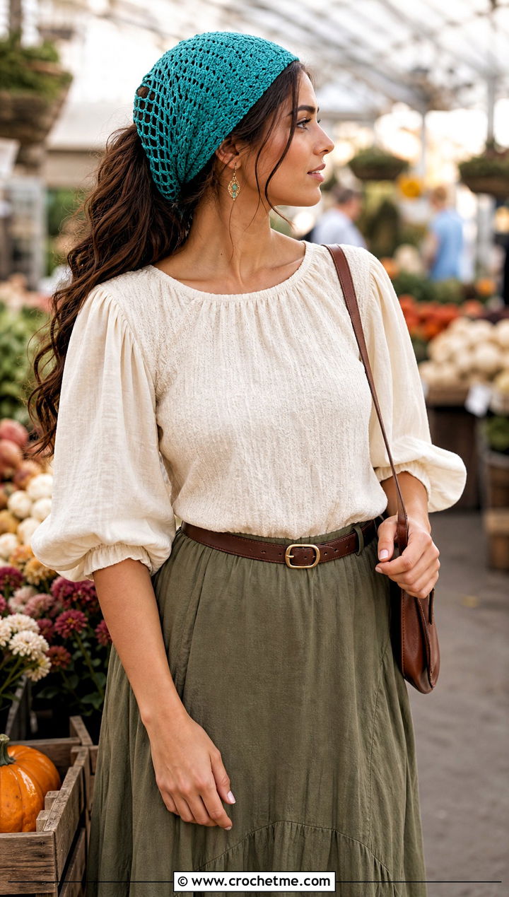 Crochet Snood Cap With A Blouse And Maxi Skirt - 20 1930s crochet hat outfit ideas