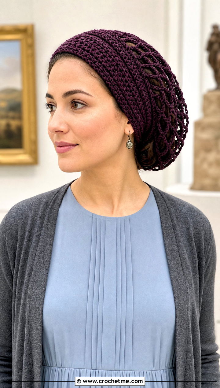 Crochet Snood Head Wrap With Modest Maxi Dress - 15 crochet head wraps outfit ideas