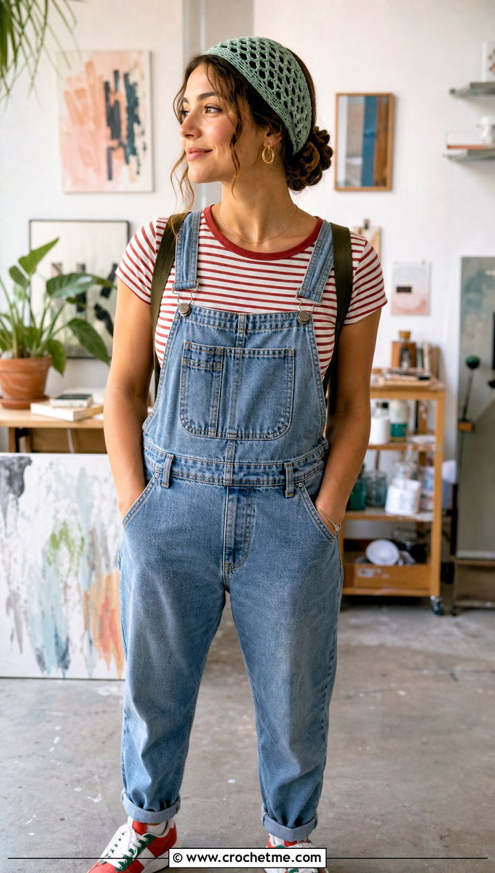 Crochet Snood Headband With Denim Overalls - 25 crochet for headbands outfit ideas