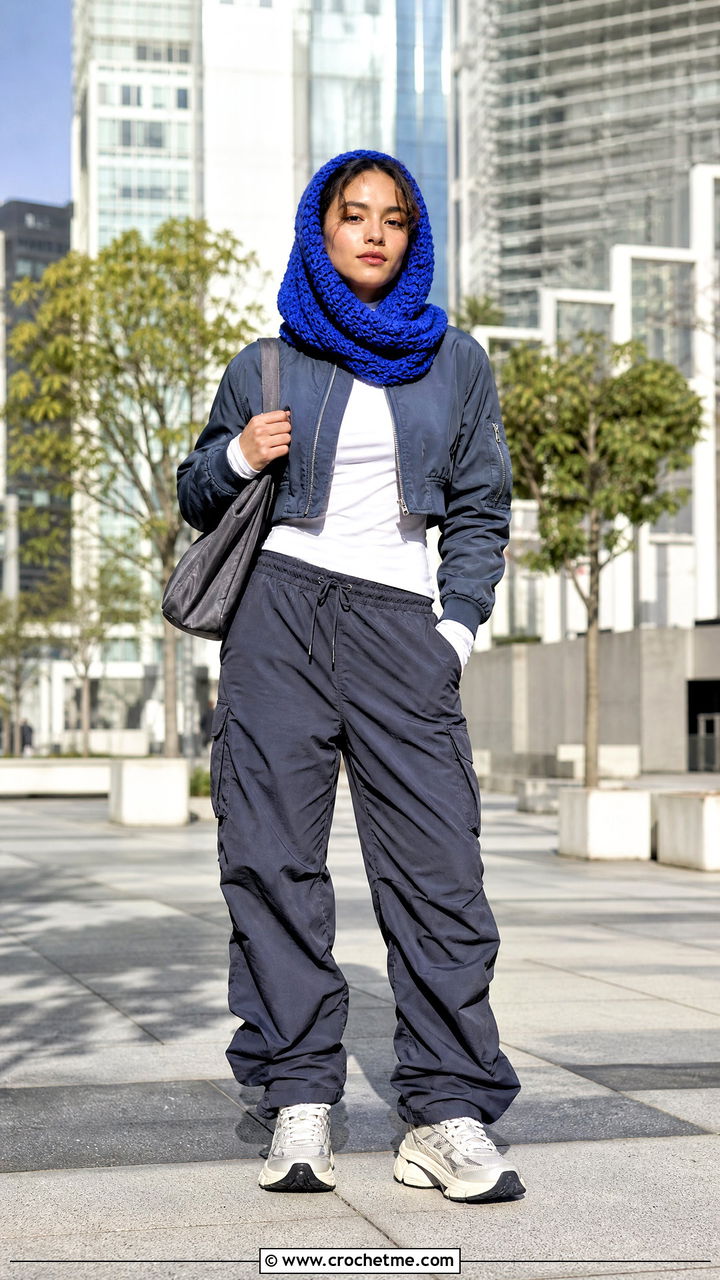 Crochet Snood Scarf With Bomber Jacket And Parachute Pants - 35 simple crochet scarf outfit ideas
