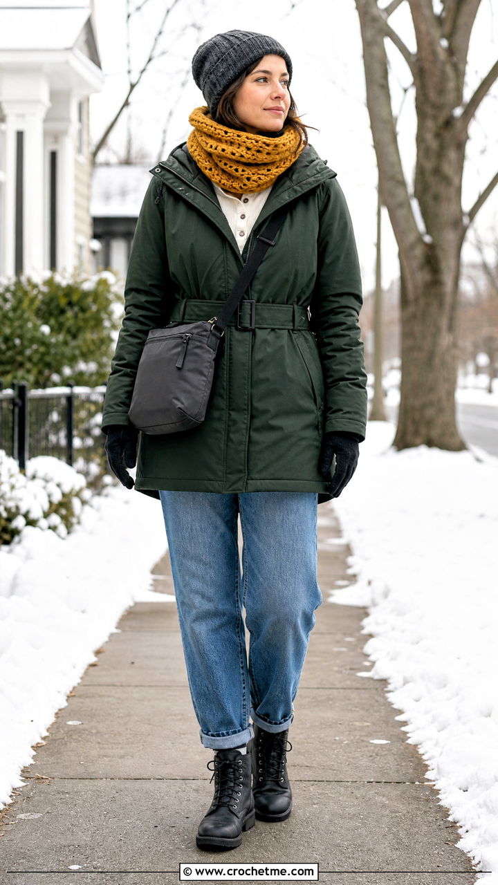 Crochet Snood Scarf With Parka And Jeans - 35 beginner crochet scarf outfit ideas