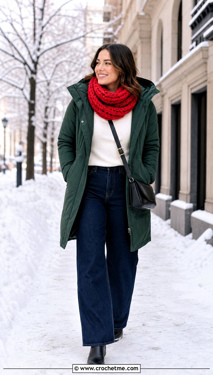 Crochet Snood Scarf With Parka And Wide Leg Jeans - 35 crochet scarves outfit ideas