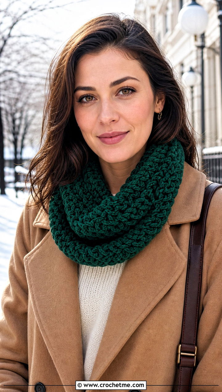 Crochet Snood Scarf With Peacoat And Sweater Dress - 35 fun crochet scarf outfit ideas