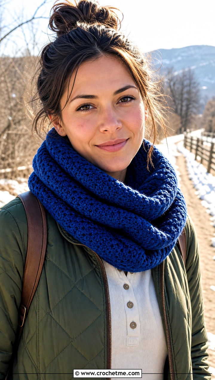 Crochet Snood Scarf With Quilted Jacket - 25 Beautiful Crochet Scarf outfit ideas