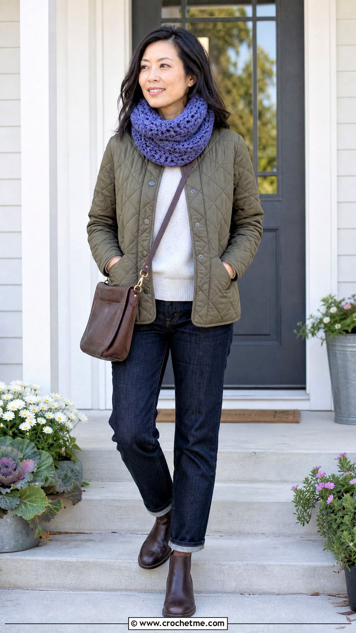 Crochet Snood Scarf With Quilted Jacket - 35 easy crochet scarves outfit ideas