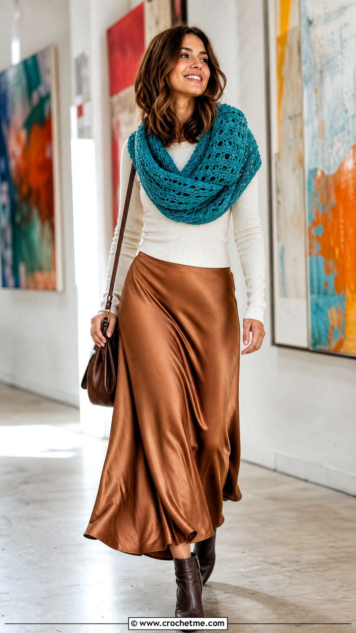 Crochet Snood Scarf With Sweater And Maxi Skirt - 35 crochet scarf ideas