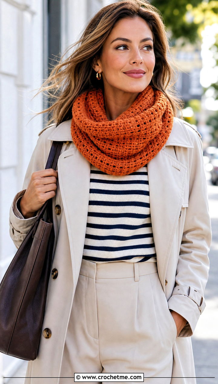 Crochet Snood Tube Scarf With Trench Coat - 20 Crochet Tube Scarf outfit ideas