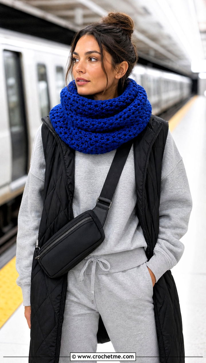 Crochet Snood Winter Scarf With Tracksuit And Long Vest - 35 crochet winter scarf outfit ideas