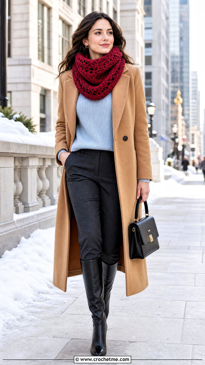 Crochet Snood With Wool Coat - 35 crochet cowls outfit ideas