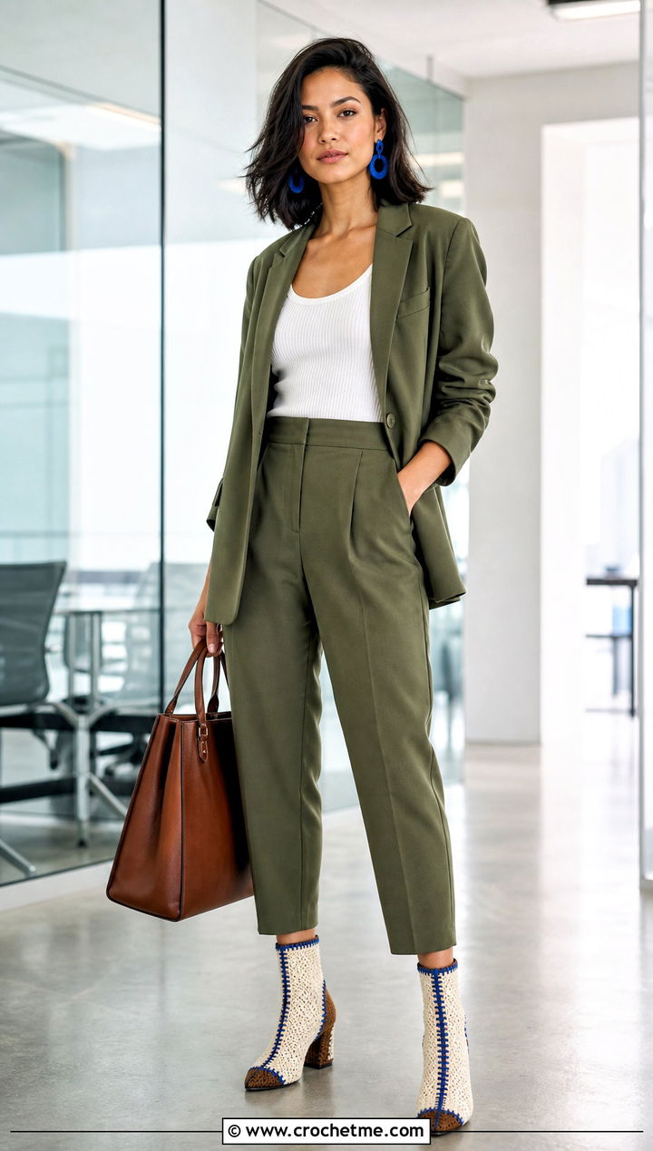 Crochet Sock Boots With Tailored Suit - 15 white and brown crochet boots outfit ideas