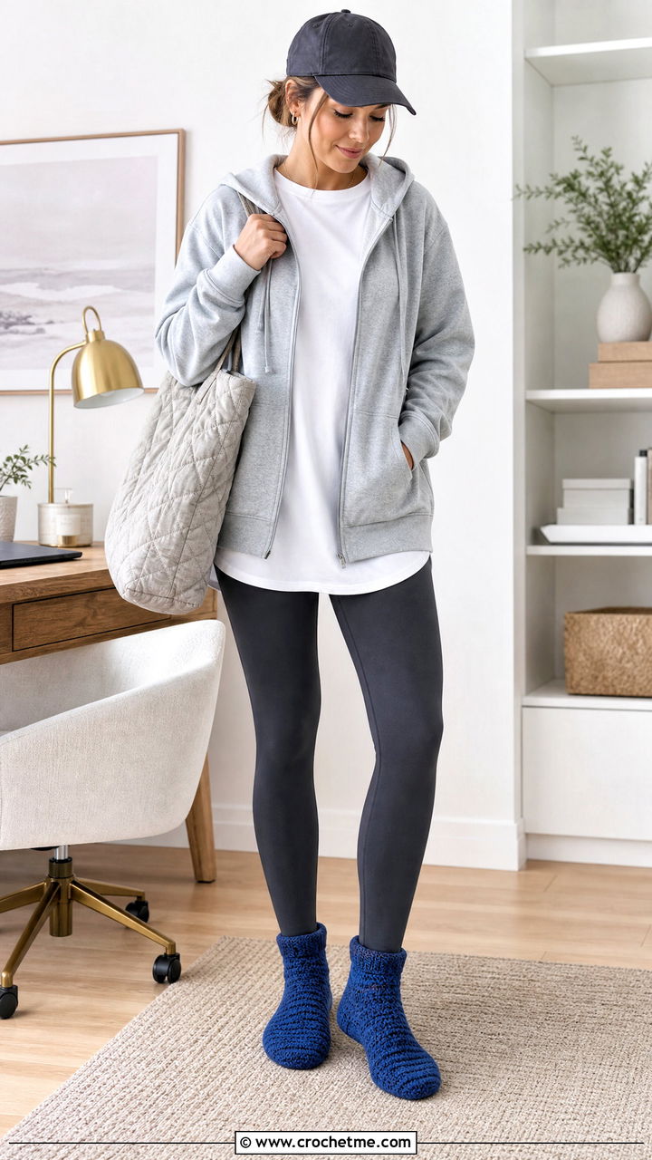 Crochet Sock Slippers With A Hoodie And Leggings - 35 crochet slipper outfit ideas