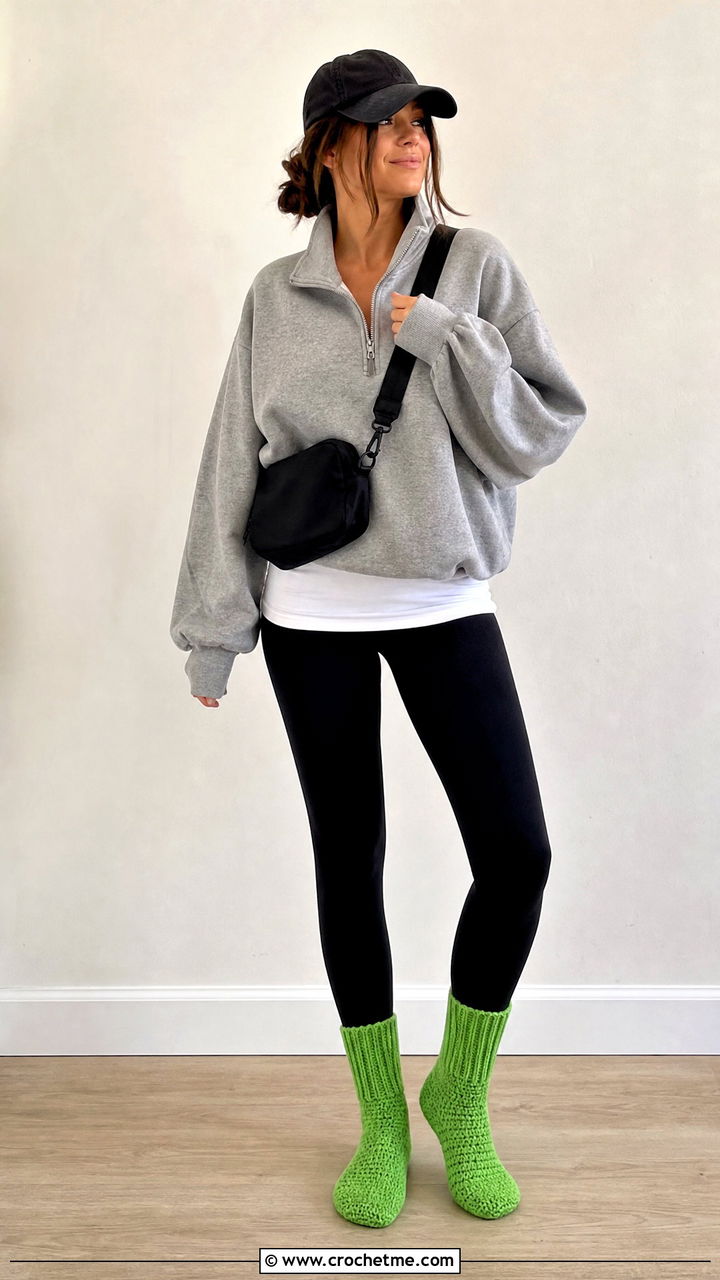 Crochet Sock Slippers With Leggings And Quarter Zip - 35 crochet slippers outfit ideas
